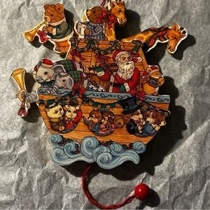 Vintage Noahs Ark Wood Pull String Two Sided Christmas Ornament Moves